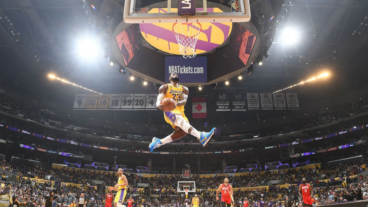 LeBron James dunking for the Los Angeles Lakers