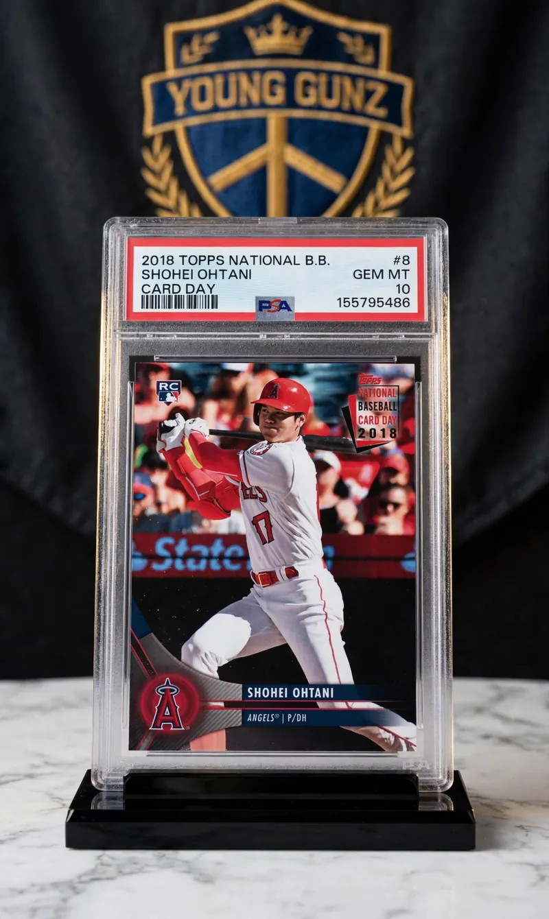 2018 Topps National Baseball Card Day Shohei Ohtani rookie, PSA 10, on the Young Gunz display