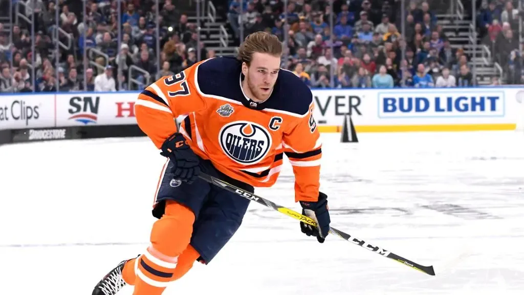 Connor McDavid driving up the ice for the Edmonton Oilers