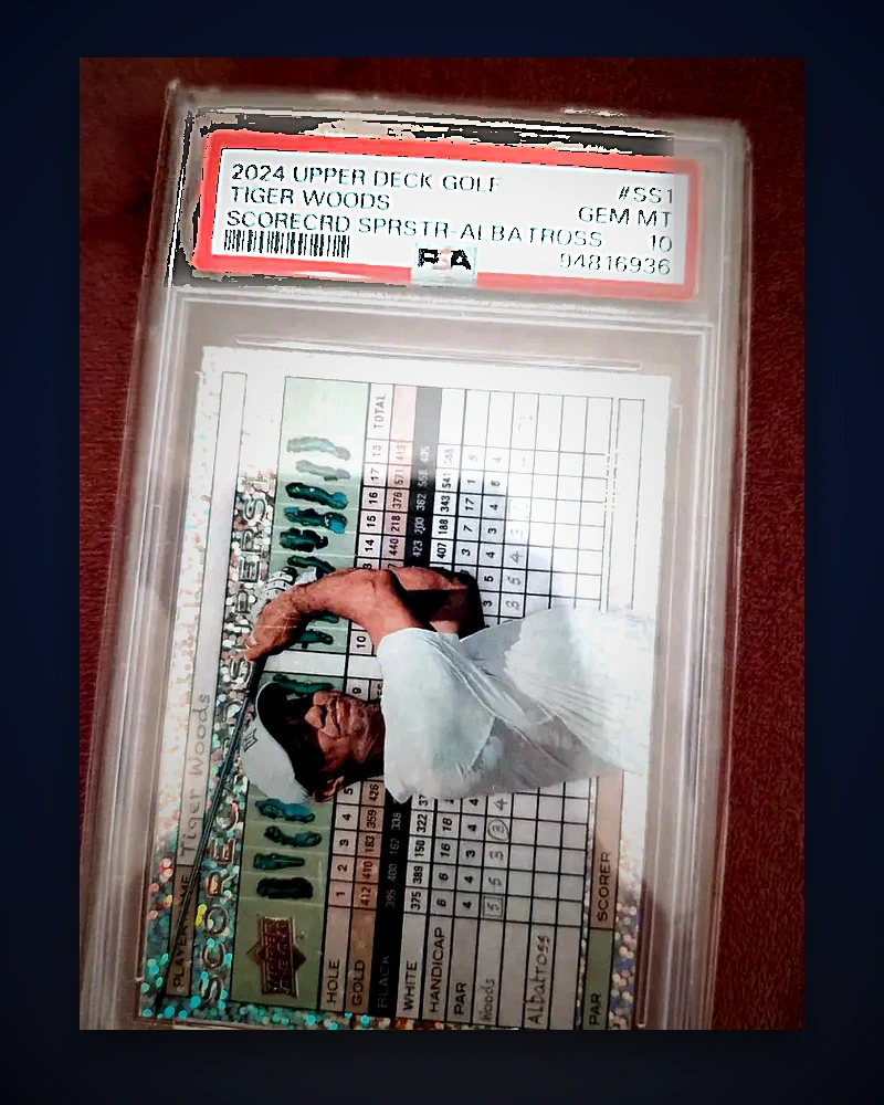 Tiger Woods 2024 Upper Deck Golf Scorecard Superstars Albatross card numbered 08/25, PSA graded